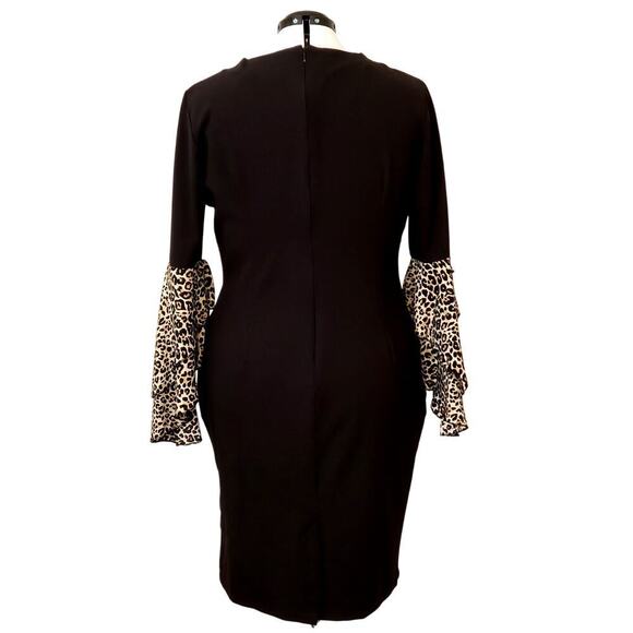 Women’s Black Animal Print Lace-cuff Bell Sleeve Sheath Dress Size XL - Picture 3 of 7